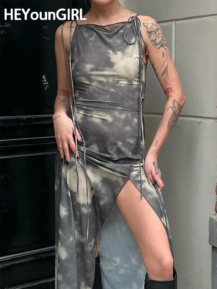 

HEYounGIRL Vintage Punk High Split Long Dresses Women Sexy Street Fashion Tie Up Sundress Grunge Summer Party Dresses Costumes