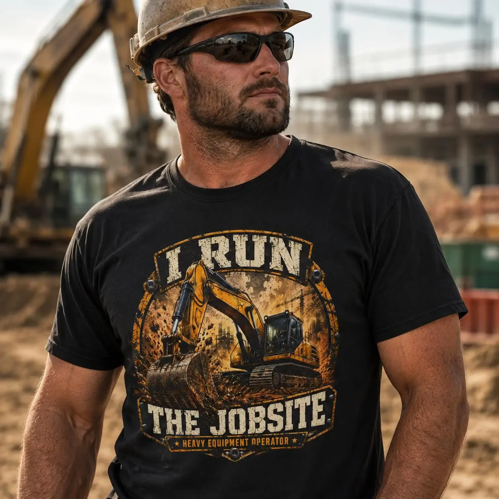 Фото Футболка I Run The Jobsite для мужчин, винтажная, стильная, с эффектом потертости, для операторов тяжелой техники, экскаваторщиков, строителей №1
