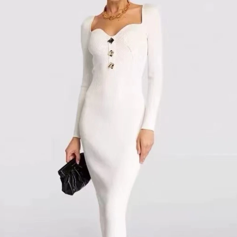 Women White Knit Slim Hip-packed Dress Square Collar Long Sleeve Backless Female Temperament Midi Robe