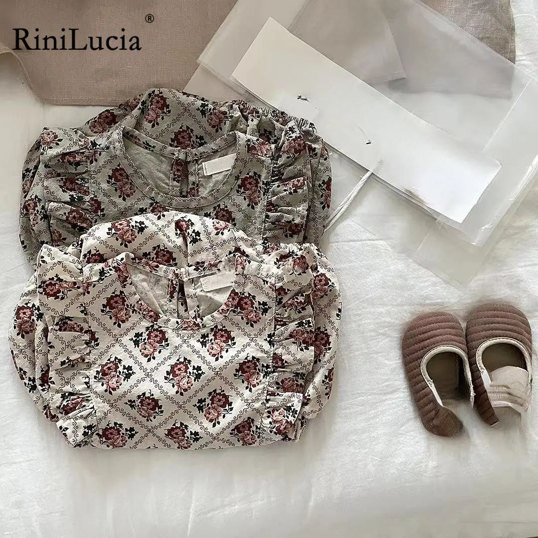 

RiniLucia 2023 Fashion Baby Girls Romper Cotton Long Sleeve Floral Baby Rompers Infant Playsuit Jumpsuits Cute Newborn Clothes