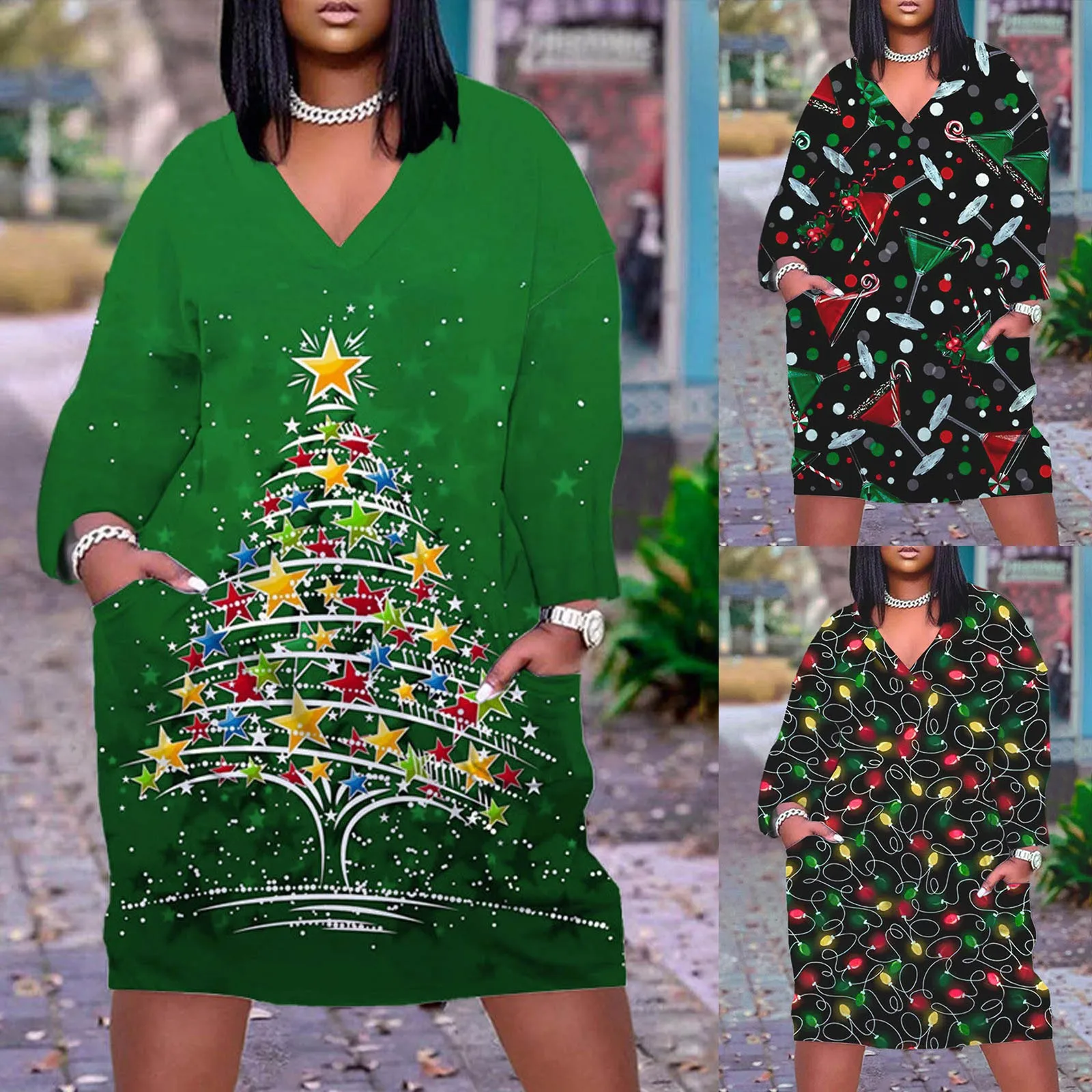 

Dress For Women Tie Dye V Neck Fashion Casual Christmas Print Long Sleeve Dresses Wrap Summer Dress for Women