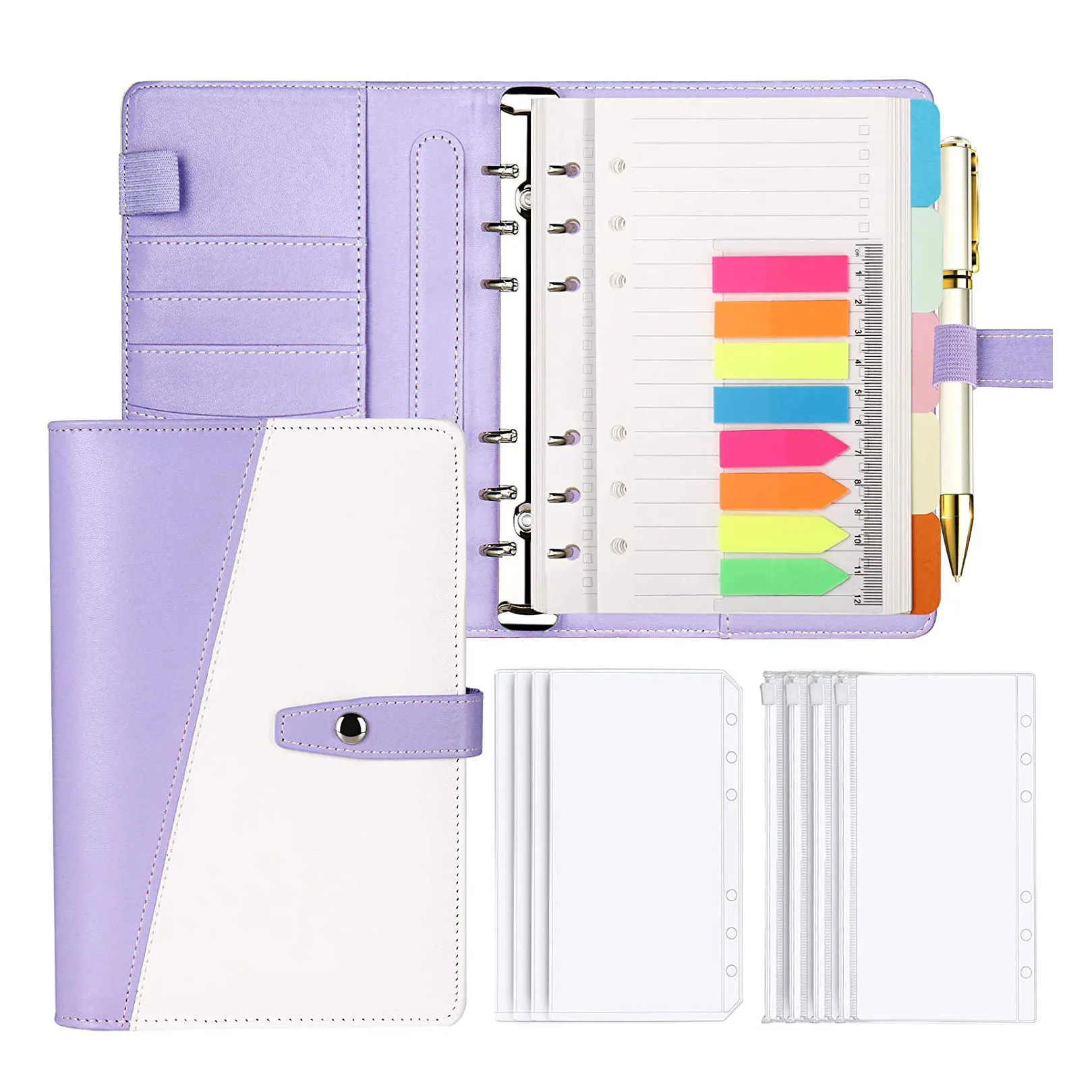 

15 Pieces A6 PU Leather Notebook Binder Budget Planner Envelopes System with Zipper Pockets, Binder Dividers,Neon Page Markers
