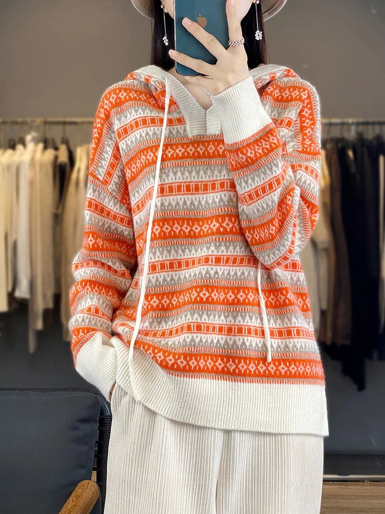 Жаккардовая толстовка с капюшоном свитер из 100% чистой шерсти женский вязаный