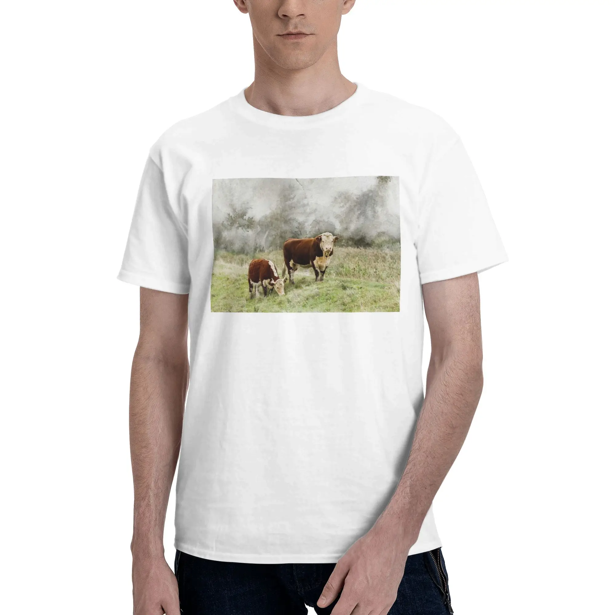 Фото Мужская футболка с акварельной фотографией Hereford Bull and Cow, большие футболки, мужские хлопковые футболки с круглым вырезом, короткие летние мужские футболки №4