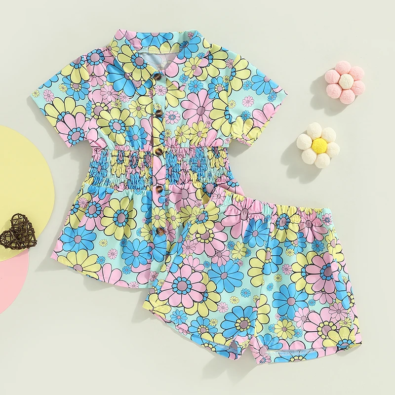 

Летняя одежда с цветочным принтом Mildsown для маленьких девочек, рубашка с отложным воротником, топы, шорты с высокой талией, 2 шт., летняя крутая одежда