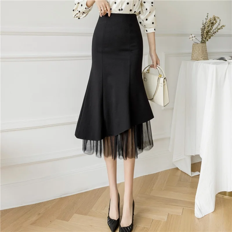 

Women Spring Summer Elegant Tulle Patchwork Package Hip Skirts New Fashion Irregular Ruffle Bodycon Stretch Fishtail Midi Skirt