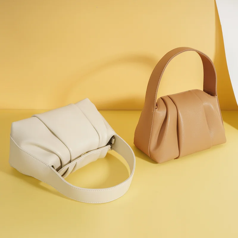 LOERSS Cowhide Shoulder Bag for Women's Niche Design Pleated Cloud Bag Fashion Causal  Handbag Leather Female Underarm Bag
