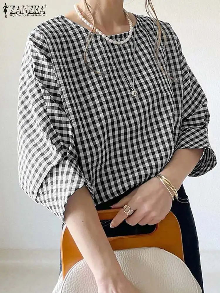 

ZANZEA Summer Checked Blouse Women Fashion O Neck 3/4 Sleeve Shirt Female Elegant Work Tops Plaid Grid Blouses Cuasal Tunic Tops