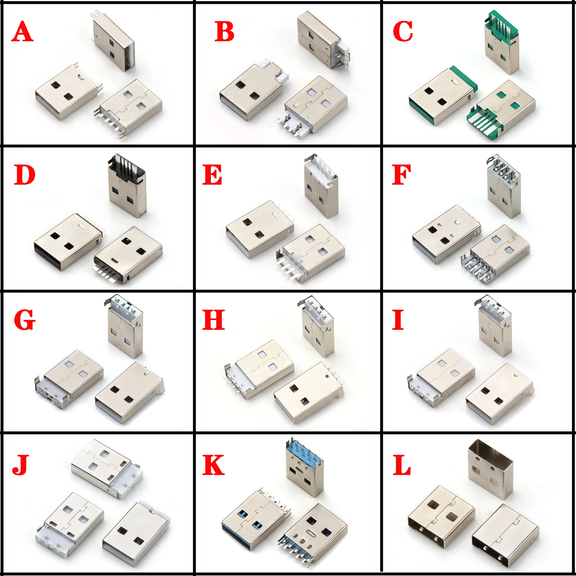 50pcs USB Male 2A 5A Connector SMT Patch Welding Wire Wiring Sinking Plate Bent Needle Plug-in Type 90 180 Degree Straight Plug