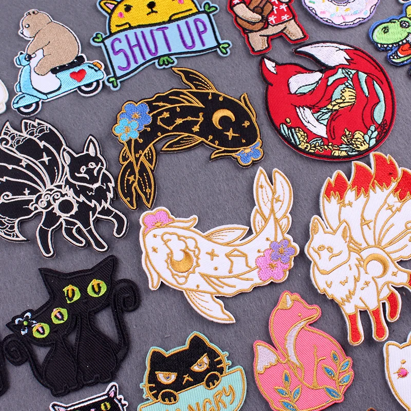 

Funny Fish Fox Patch Iron On Patches For Clothing DIY Cartoon Animal Patch Hook Loop Embroidered Patches On Clothes Stripes