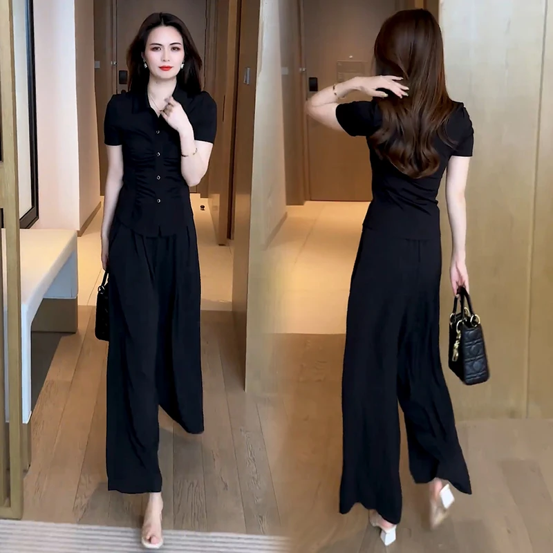 Модный комплект для женщин Новинка лета 2024 облегающая футболка топ широкие брюки