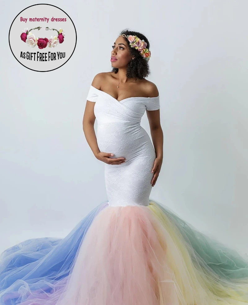Women Lace Maternity Dress for Photography Off-Shoulder Splicing Tulle Mermaid Gown for Photoshoot Baby Shower