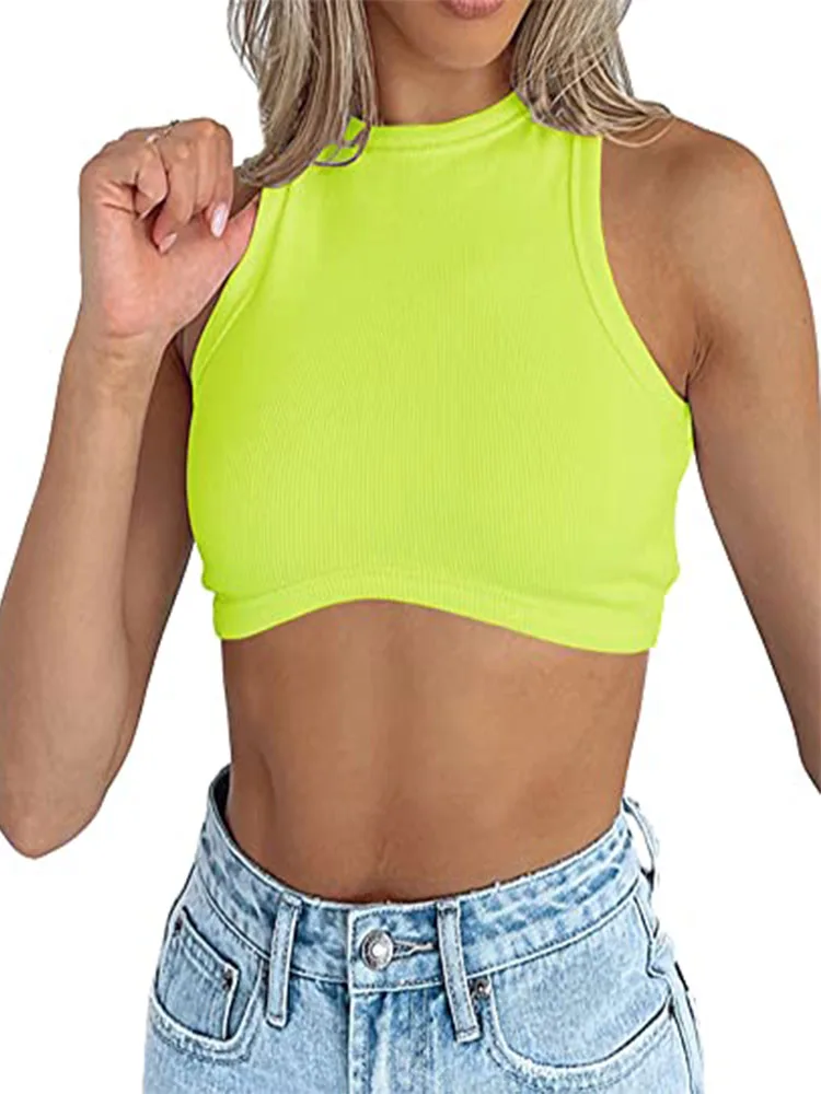 

2023 Women High Neck Crop Tops Sporty Crewneck Ribbed Fitted Sleeveless Corset Bustier Y2K Tanks Spring Sexy Club Lady Tops H003