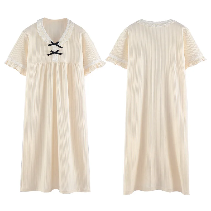 

House Kitten Knitted Cotton Women Short Sleeved Nightdress Pajamas Spring Summer Women Lovely Pullover Leisure Middle