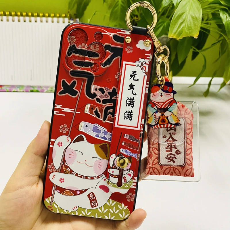 Lucky Cat Wristband Bracket Shell for iPhone 11 12 13 14 Pro Max XS MAX XR Ornament Soft Back Cover for iPhone X 8 7 6 6S Plus