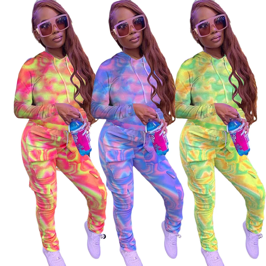 

2022 Spring Clothes for Women New Casual Fashion Gradient Color Printing Hood Workwear Pocket Tracksuit Women Two Piece Set