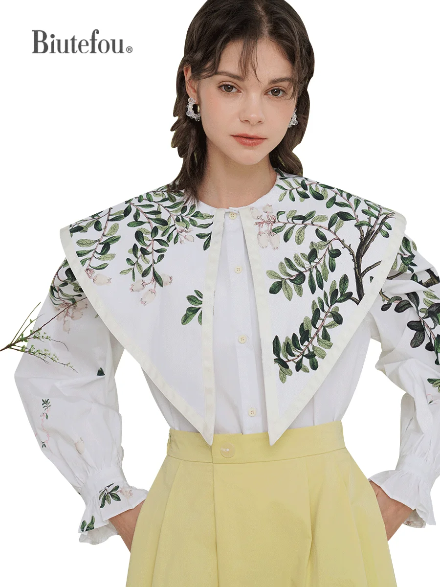 2023 Autumn Women Plant Flower Print Large Lapel Shirt