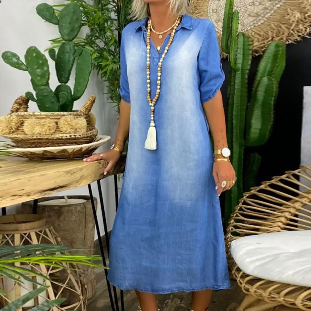 

Turn-Down Neck Half Sleeve Denim Dress Loose Fit Solid Color Loose Long Dress Breathable Summer Pullover Dress for Vacation