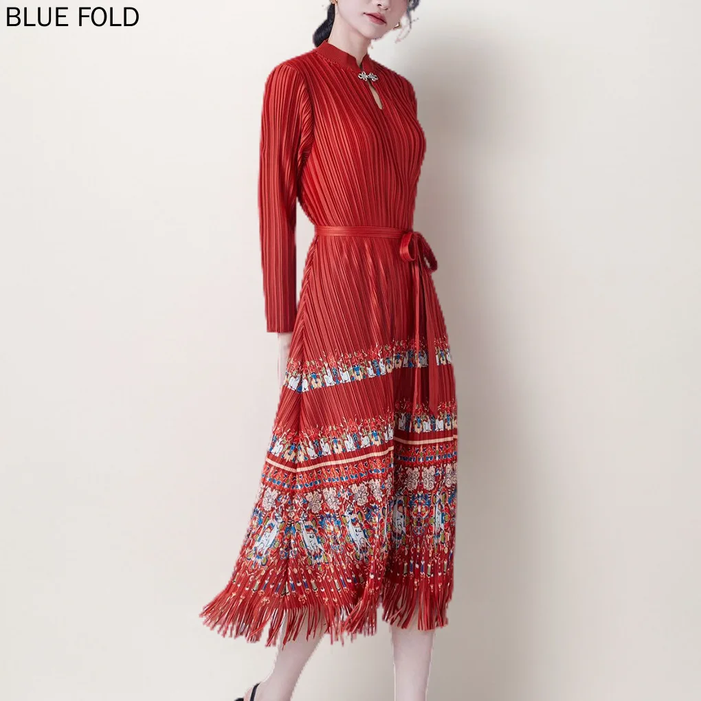 Женское платье Мияке средней длины Новый китайский стиль с принтом на шнуровке