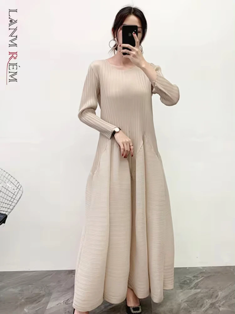 Женское плиссированное платье-макси ANLAN с круглым вырезом и длинными рукавами