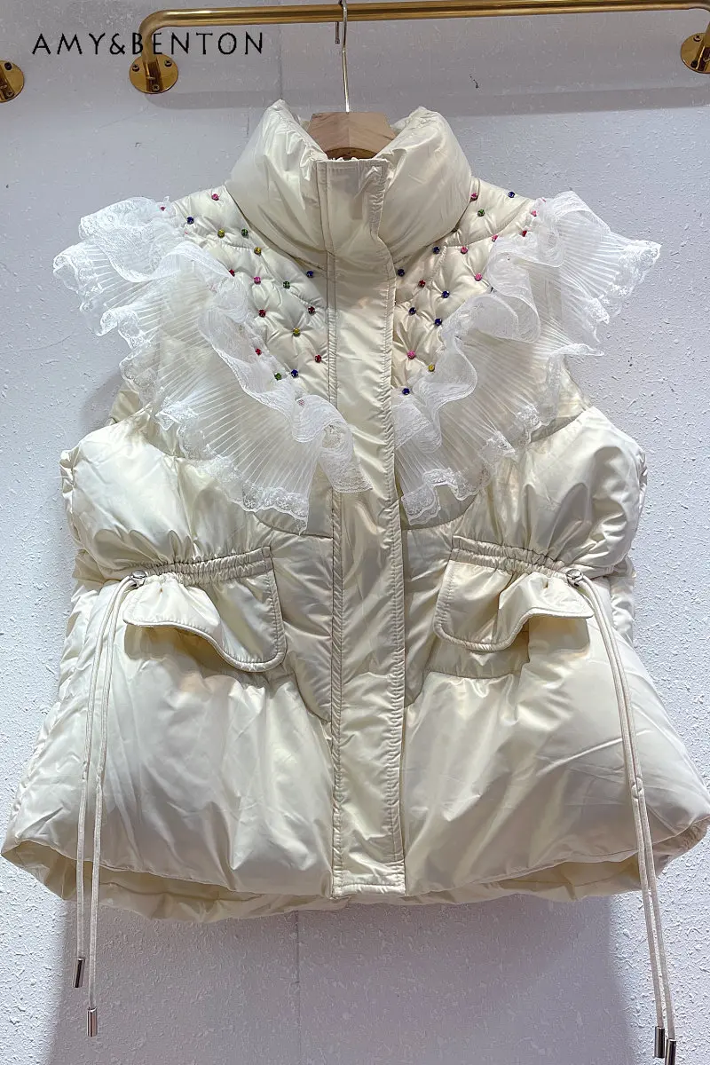 

Autumn and Winter Temperament Refined Handmade Down Vest Coats Lace Ruffled Diamond Beaded Loose Pockets Vest Cotton Vest Coat