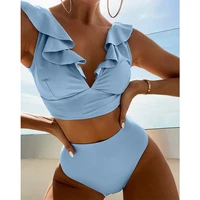 sexy v neck bikini set women 2022 new solid ruffle swimsuit high waist swimwear female biquini beachwear bathing suit summer