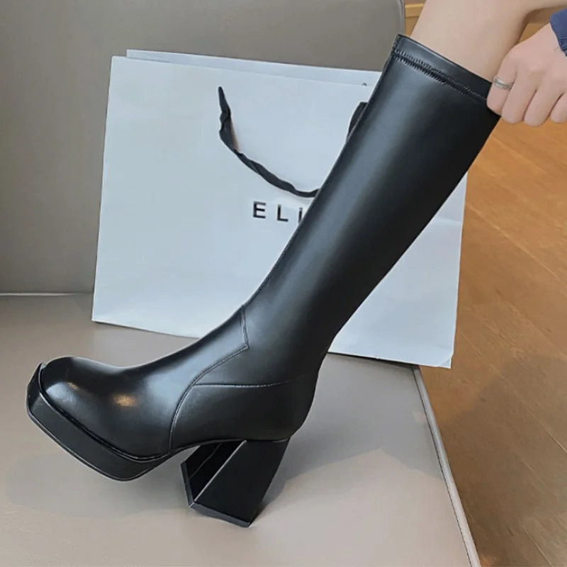 

2022Women Knee High Boots Spike High Heels Square Toe Female Long Boots Pu Leather Zipper Thick Non-slip Fashion Shoes