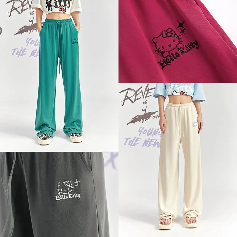 

Hello Kitty Ice Silk Pants Anime Kawaii Sanrio Kt Cat Summer Loose Straight Pants Women Casual High Waist Wide Leg Trousers Gift