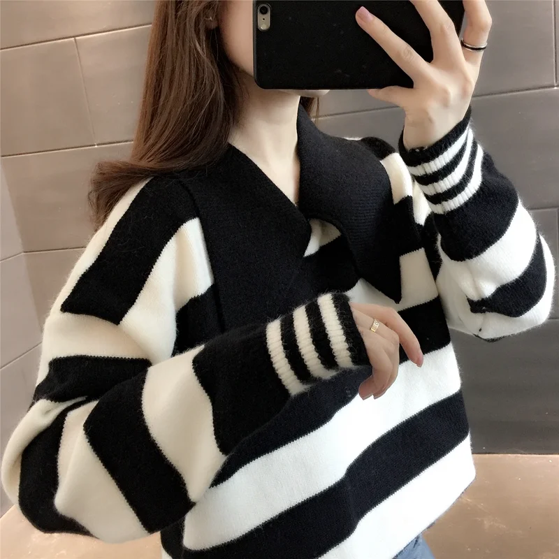 

Autumn Winter New Women's Sweater Lapel Stripes Knitting Hedging Casual Fashion Clothing Long Sleeve Houthion