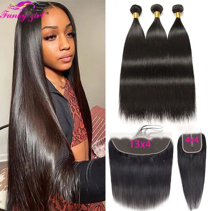 Straight Hair Weave Bundles Frontal Human Hair Extension Brazilian 3 Bundles With 13X4 Transparent Frontal Closure Natural Color