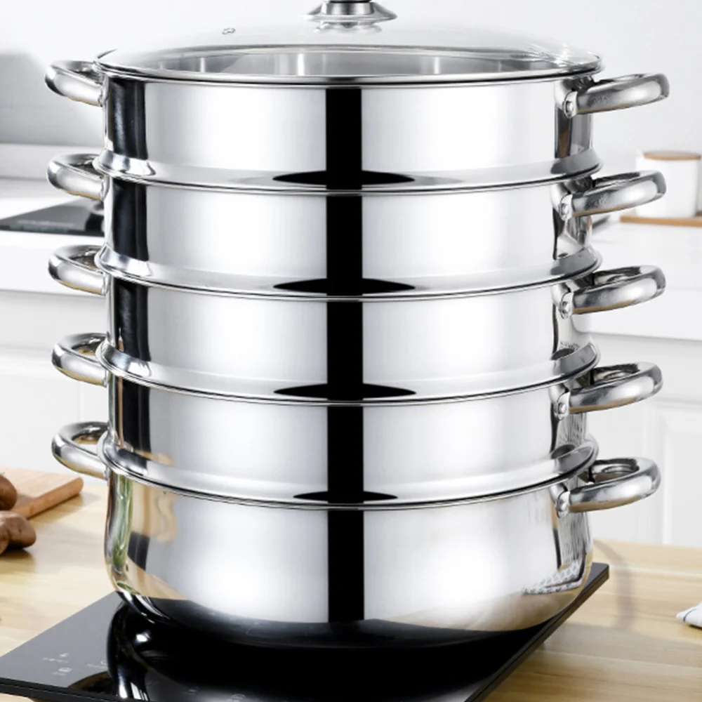 

5 Layers 28/30cm Large Home With Handles Kitchen Insulated Visual Cover Stainless Steel 5 Tier Steamer Pot Food Maker Cookware