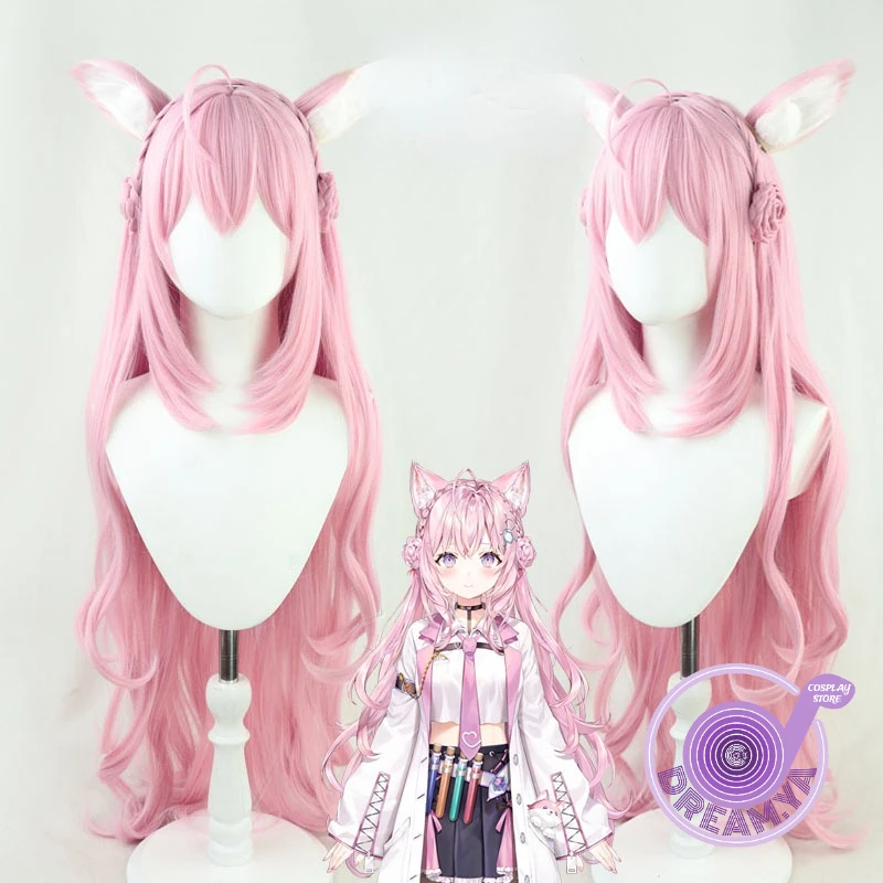 VTuber Youtuber Hakui Koyori Cosplay Wig with Fox Ears Pink Long Wavy Heat Resistant Synthetic Hair Halloween Carnival Role Play