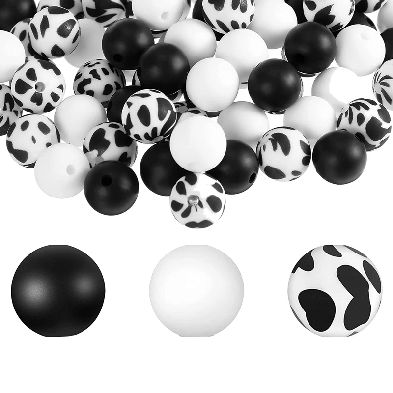 

100 Pcs Silicone Beads 12Mm Silicone Cow Print Beads Round Loose Pearl Beads Silicone Beads For DIY Keychain Making