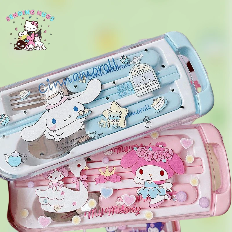 

Sanrio Kawaii Tableware Kuromi Cinnamoroll Cartoon Cute Student Have A Meal Spoon Chopsticks Stainless Steel Toys For Girls