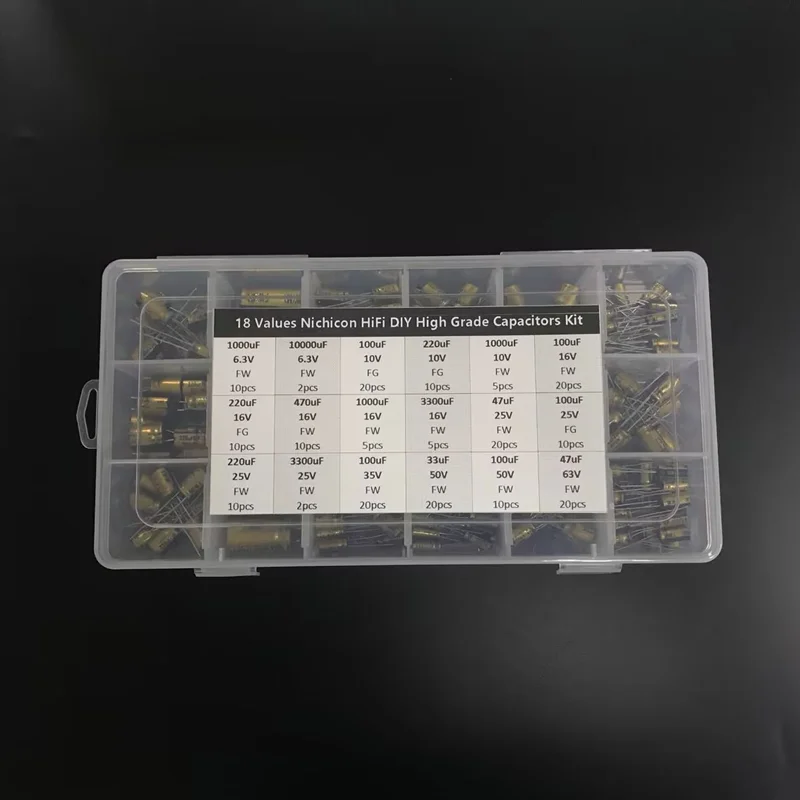 18 значений Nichicon FW/FG HiFi DIY высококлассный аудио конденсатор Ассортимент в коробке 6,3 В ~ 63 в, 10uF ~ 10000uF всего 209 шт.