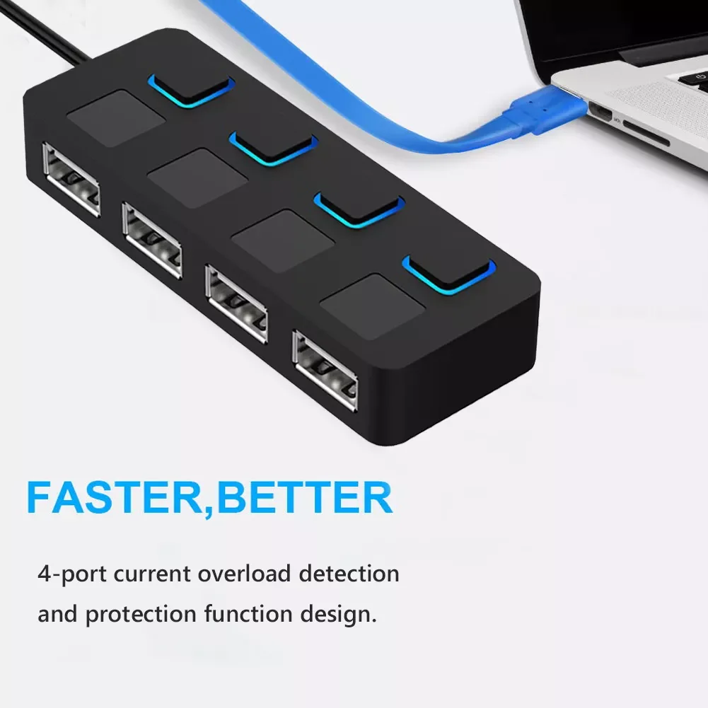 

2022 2.0 HUB Multi USB Splitter 4 Ports Expander USB Power Adapter Ultra-thin LED Indicator Power Switch USB HUB for Laptop PC