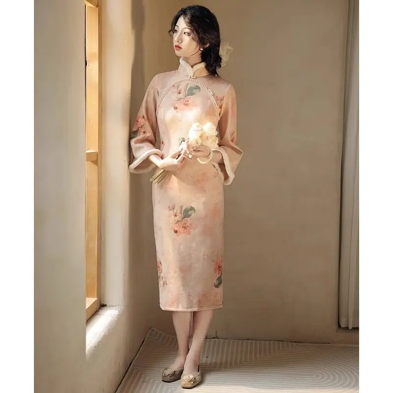 Женское зимнее платье-Ципао с плюшевым воротником