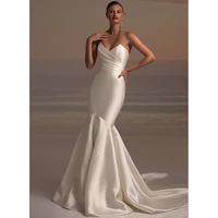 simple mermaid wedding gown v neck pleated sleeveless beach wedding dress backless zipper up modern trumpet bridal dresses 2022