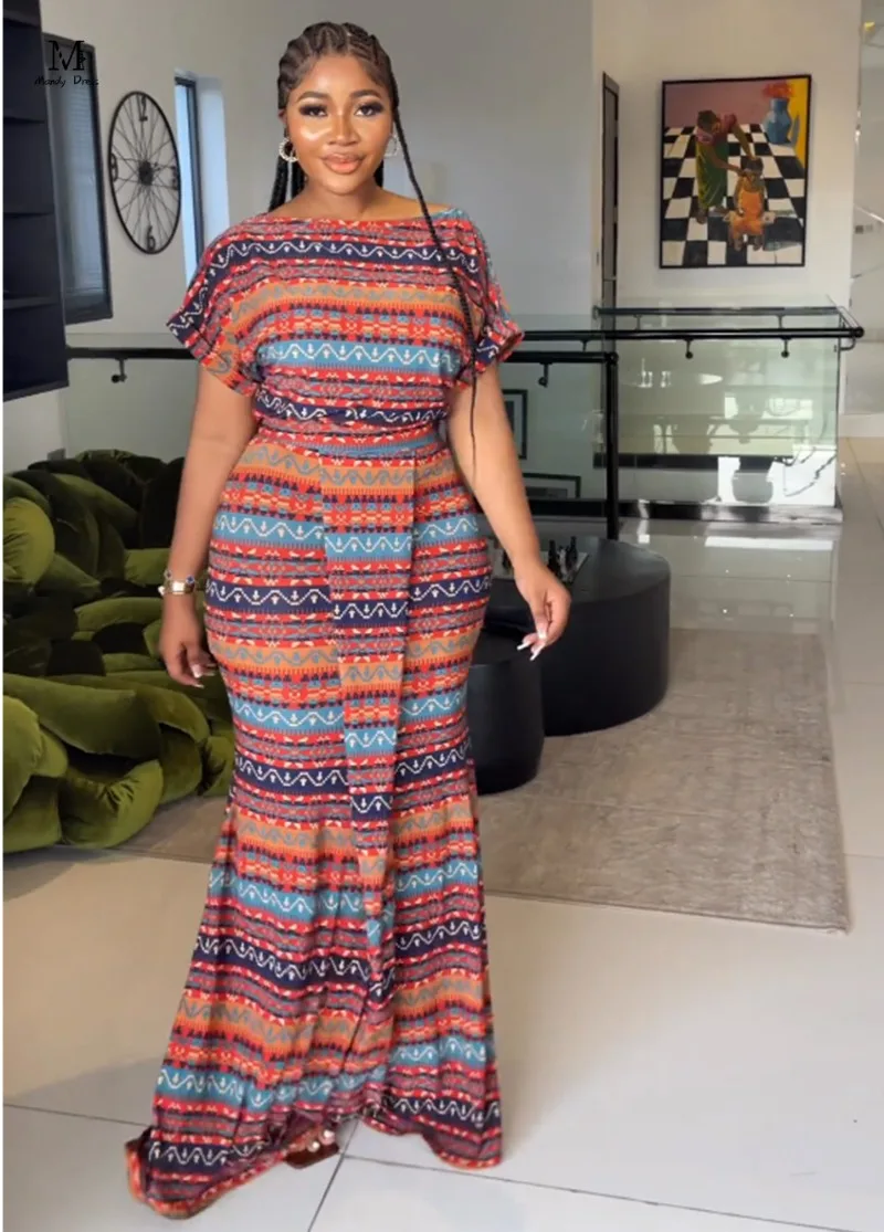 

Elegant Print Women Maxi Dress Summer Short Sleeve O-neck Bodycon Stripe Clothing Casual Chic Lady Long Dresses