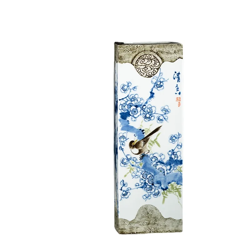 

Ceramic Vase Blue and White Porcelain Vase Square Bottle Chinese Retro Living Room TV Cabinet Decoration Floor Decoration