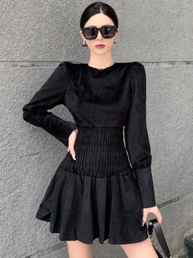 

French Vintage Vestidos De Mujer Spring Autumn Patchwork Ruffles Pleated Solid Dresses O Neck Female Slim Elegant Short Dress