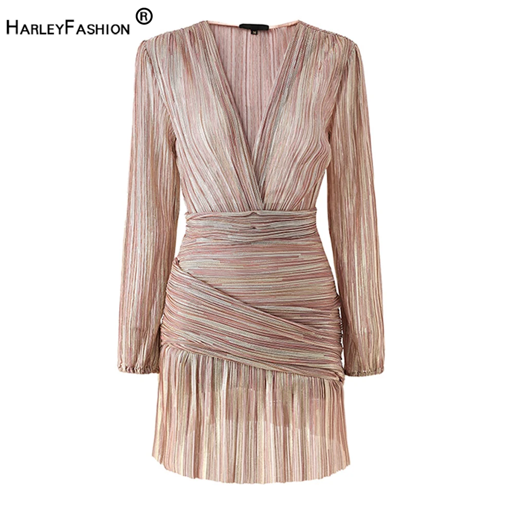 French Style Party Eneving Design Sexy V-neck Pleated Shinging Fabric Women Puffle Dress High Quality