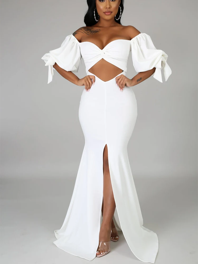 

2023 Summer Dresses for Women Sexy Solid Lace Up Hollow Crop Top Evening Dress Vestidos De Mujer Casual Elegant Maxi Robe Female