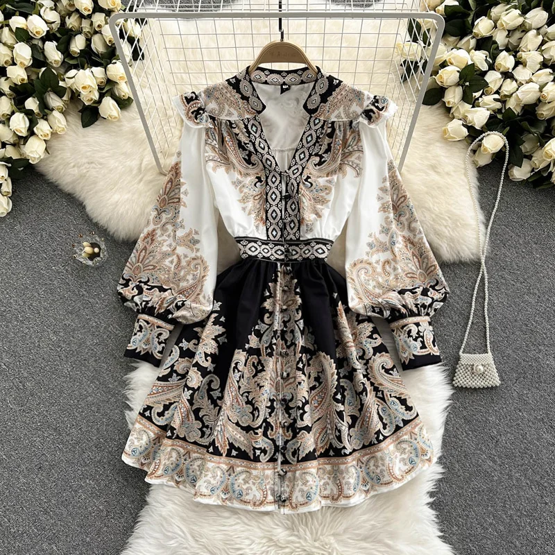 

FTLZZ New Spring Autumn Elegant Women V-neck Puff Sleeve Dress Vintage Female Floral Print Dress Single Breasted Mini Dress