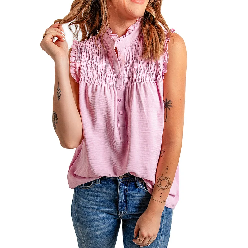 

Summer Women's Chiffon Fashion Ruffled Sleeveless TopsWoman Casual Loose Stand Up Collar Button Pink Blue Shirt Vest Tops 2022