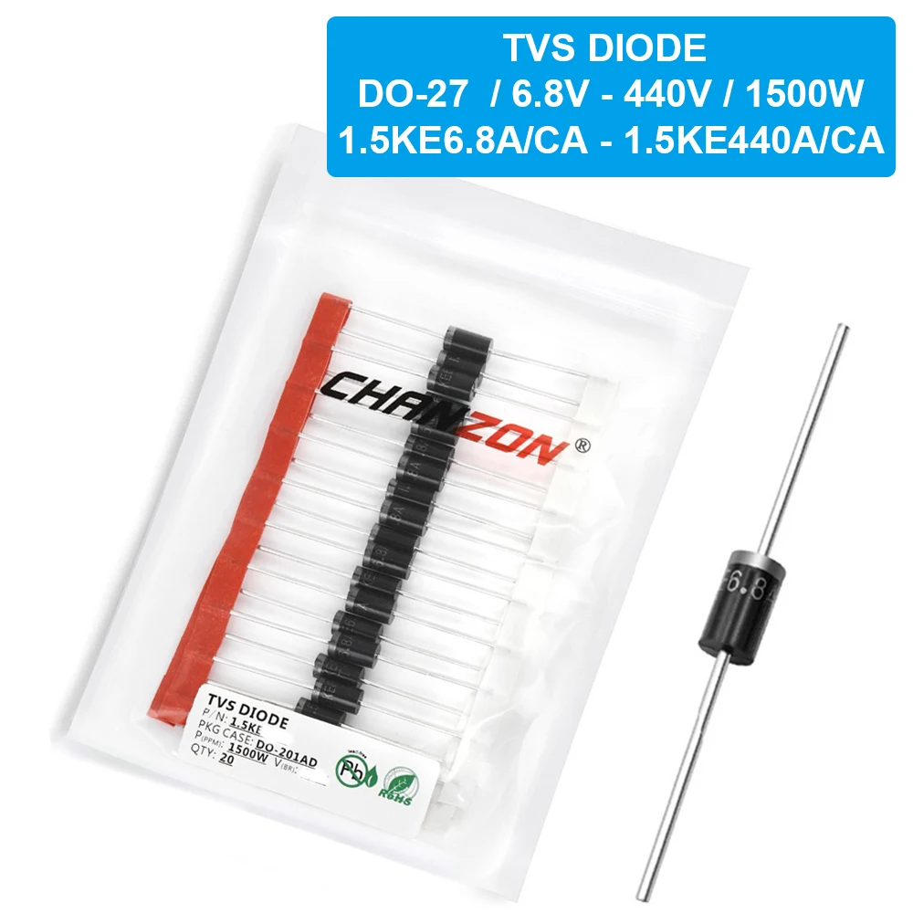 

20 Pcs TVS Diode DO-27 1500W 6.8V 12V 15V 18V 24V 33V 36V 200V 250V 400V 440V 1.5KE 6.8A 12A 15A 18A 24A 33A 36A 200A