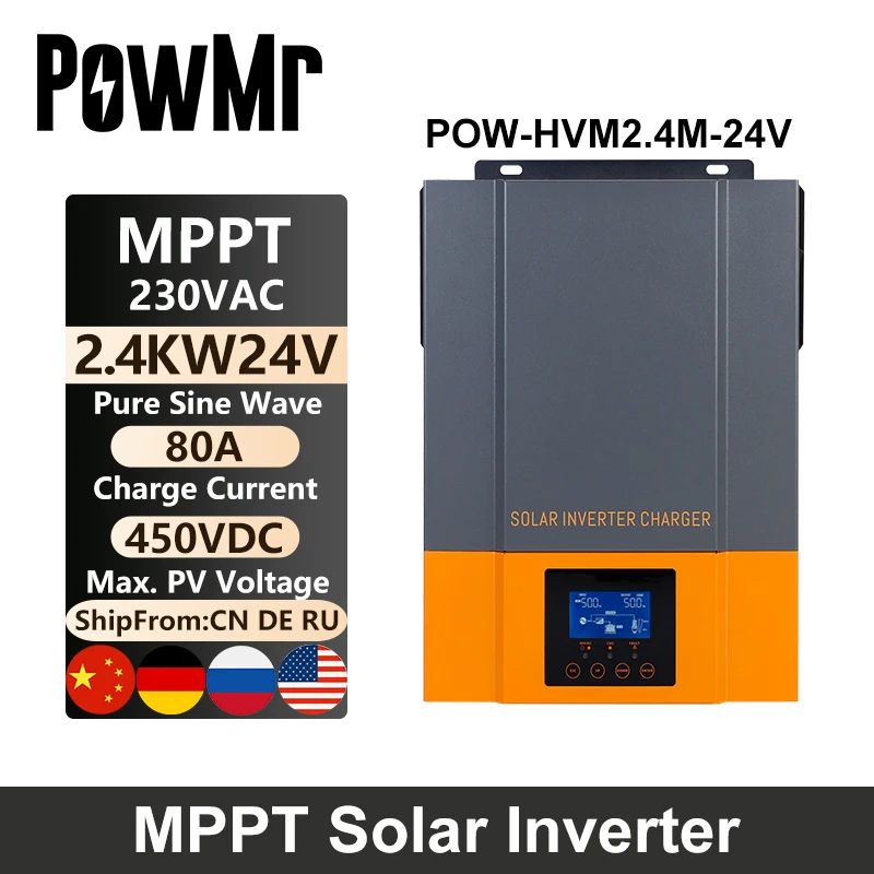 PowMr 2400W Hybrid Solar Inverter 24V 230V PV Panel Max 450V Built In MPPT 80A Solar Charger Controller Pure Sine Wave Inversor