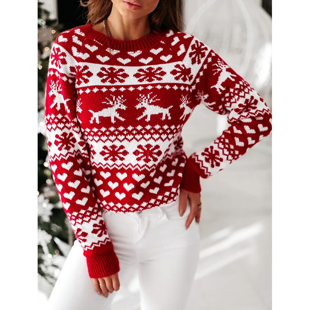 

Womens Autumn Winter Thicken Pullover Warm Long Sleeved Christmas Jumper Ladies Knit Reindeer Snowflake Casual Female Sweater