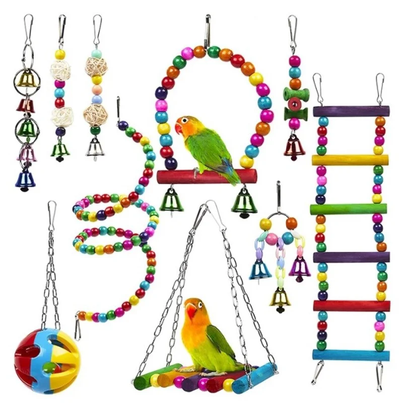 

Bird Toys Set Swing Chewing Training Toys Small Parrot Hanging Hammock Parrot Cage Bell Perch Toys with Ladder Pet Supplies 1pc