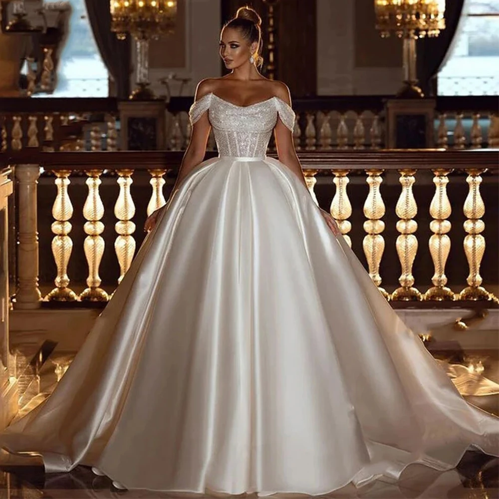 Abiti Da Sposa Arabi Con Spalle Scoperte Sexy 2023 Paillettes Perline Principessa Abiti Da Sposa Da Donna In Raso Vestido De Noiva Robe Muslimah